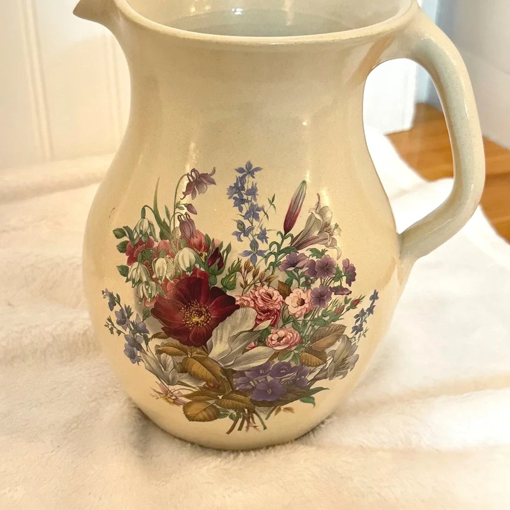 Vintage Shaker & Thangs Pottery Floral Pitcher Cream Excellent Stoneware Vase